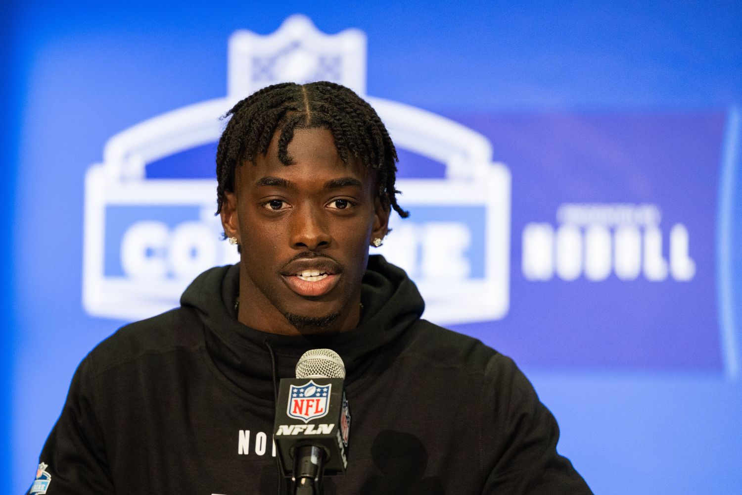 Feb 29, 2024; Indianapolis, IN, USA; Alabama defensive back Terrion Arnold (DB02) talks to the media during the 2024 NFL Combine at Lucas Oil Stadium. Mandatory Credit: Trevor Ruszkowski-USA TODAY Sports